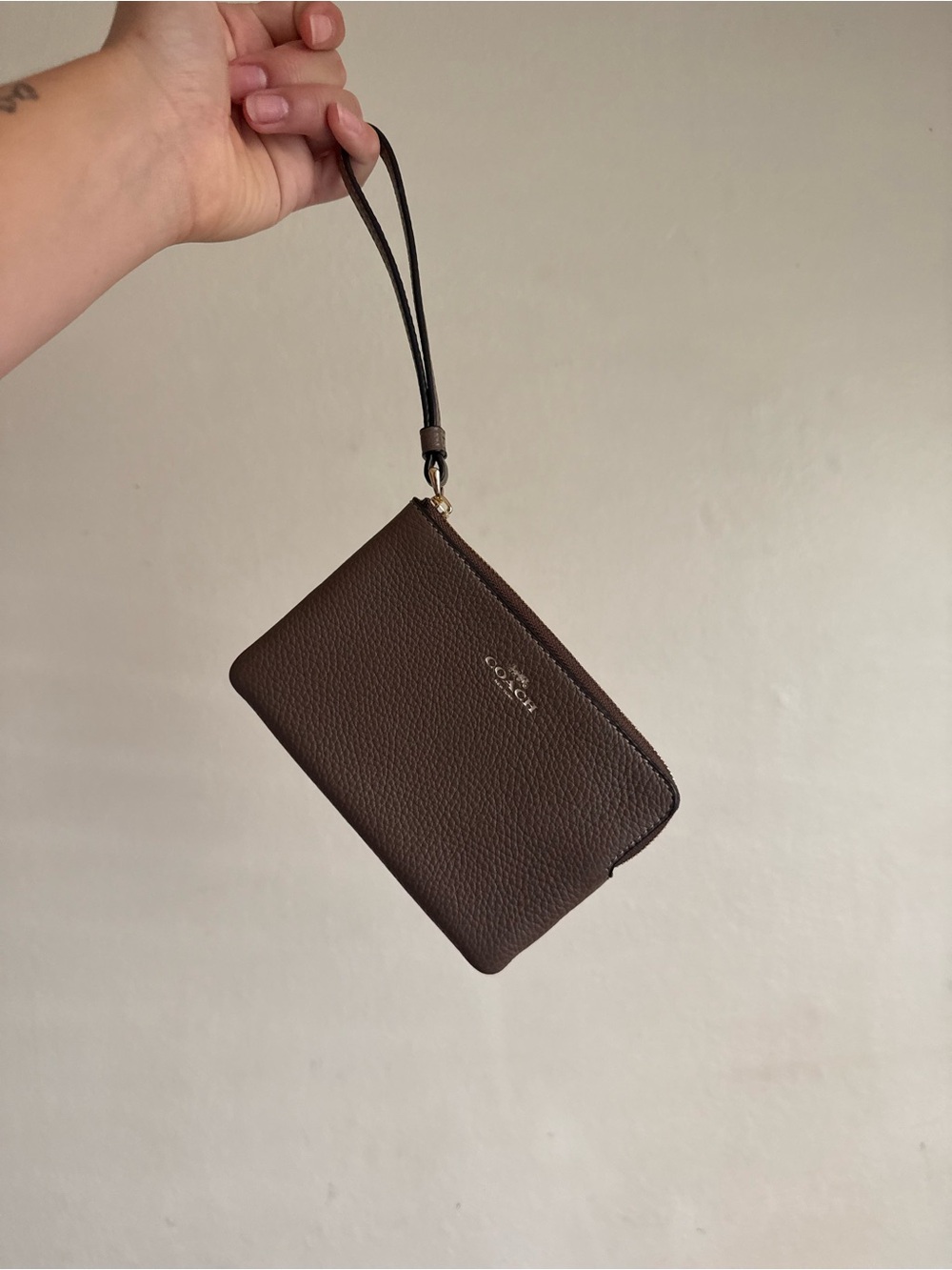 Coach Dark Brown Pebbled Leather Wristlet with Strap